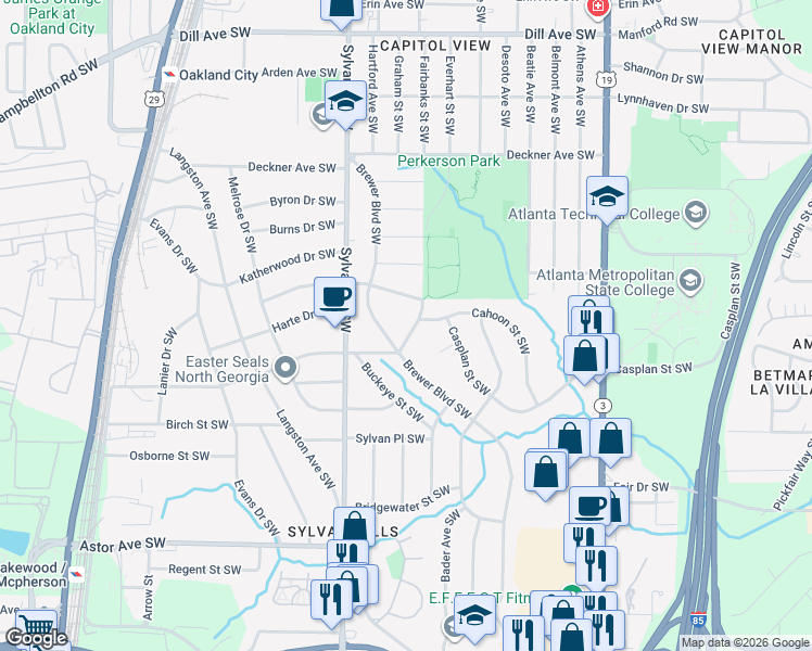 map of restaurants, bars, coffee shops, grocery stores, and more near 1740 Fairbanks Street Southwest in Atlanta