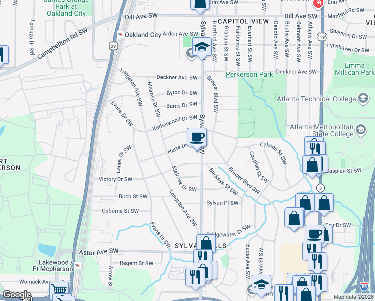 map of restaurants, bars, coffee shops, grocery stores, and more near 958 Harte Drive Southwest in Atlanta