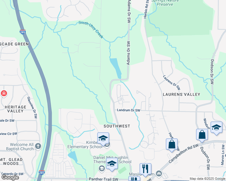 map of restaurants, bars, coffee shops, grocery stores, and more near 1700 Adams Drive Southwest in Atlanta