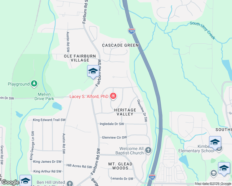 map of restaurants, bars, coffee shops, grocery stores, and more near 3605 Revere Road Southwest in Atlanta
