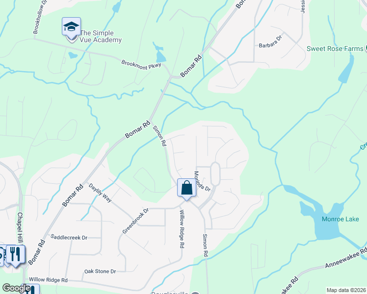 map of restaurants, bars, coffee shops, grocery stores, and more near 3873 Locksley Trail in Douglasville