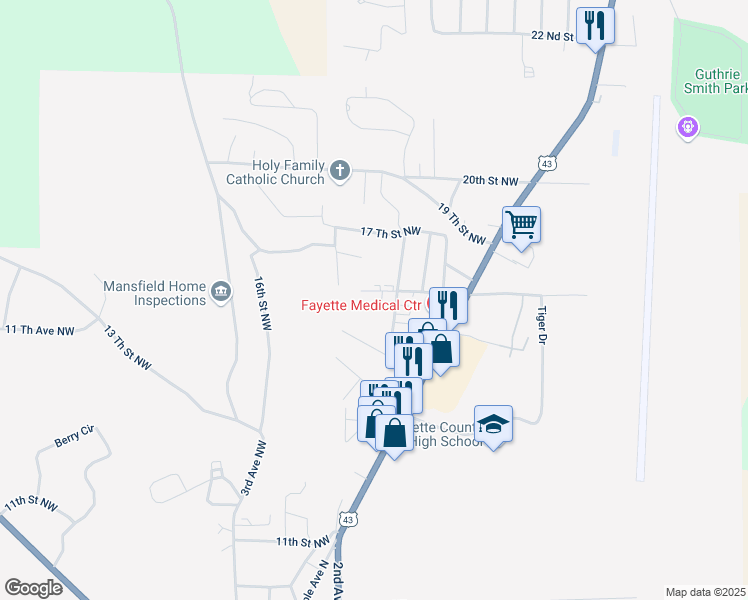 map of restaurants, bars, coffee shops, grocery stores, and more near 1629-1699 1st Avenue Northwest in Fayette