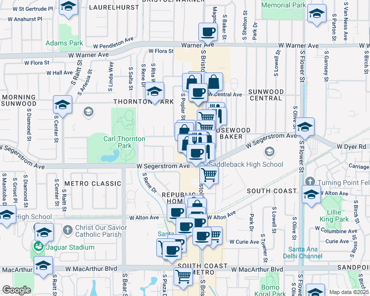 map of restaurants, bars, coffee shops, grocery stores, and more near 2840 South Bristol Street in Santa Ana