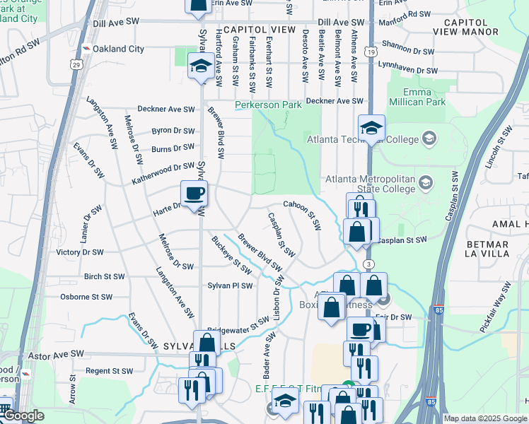 map of restaurants, bars, coffee shops, grocery stores, and more near 808 Casplan Street Southwest in Atlanta