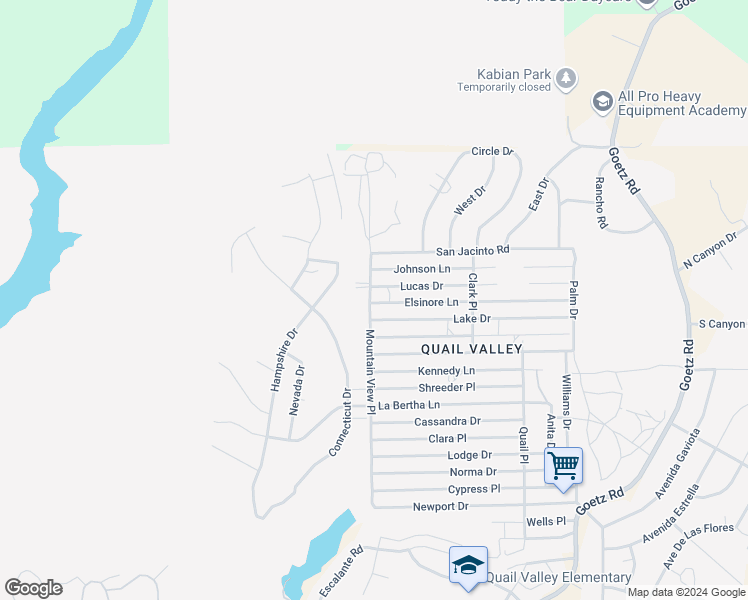 map of restaurants, bars, coffee shops, grocery stores, and more near Elsinore Lane in Menifee