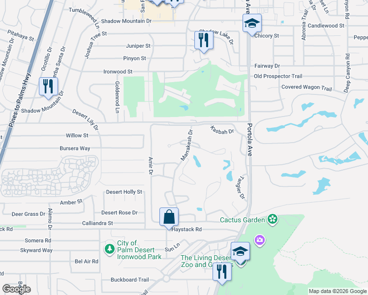 map of restaurants, bars, coffee shops, grocery stores, and more near 47115 El Menara Circle in Palm Desert