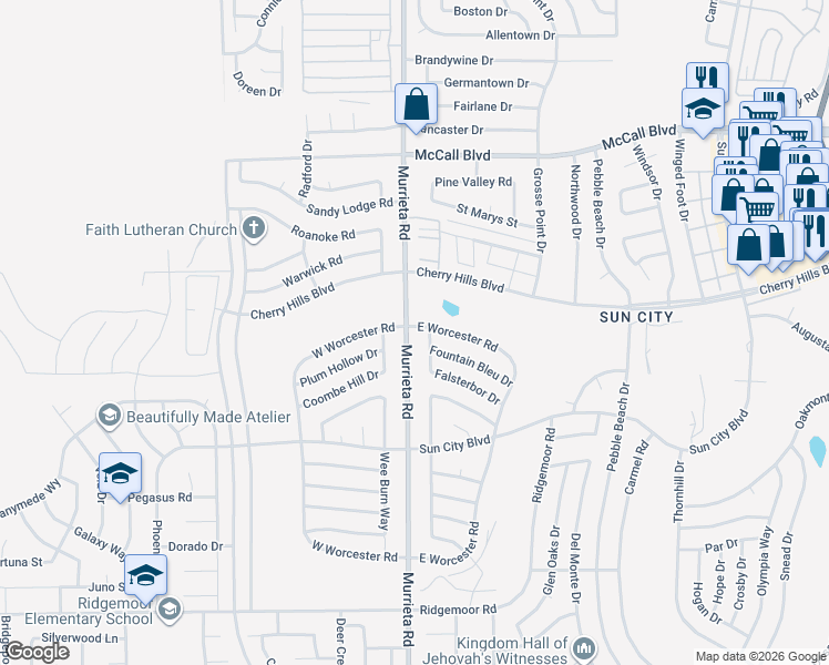 map of restaurants, bars, coffee shops, grocery stores, and more near 26081 Falsterbor Drive in Menifee