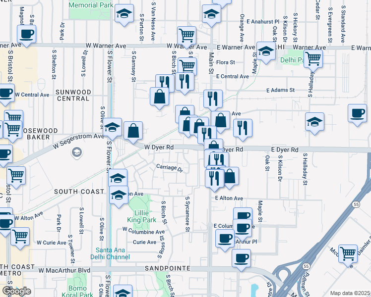 map of restaurants, bars, coffee shops, grocery stores, and more near 2931 South Sycamore Street in Santa Ana
