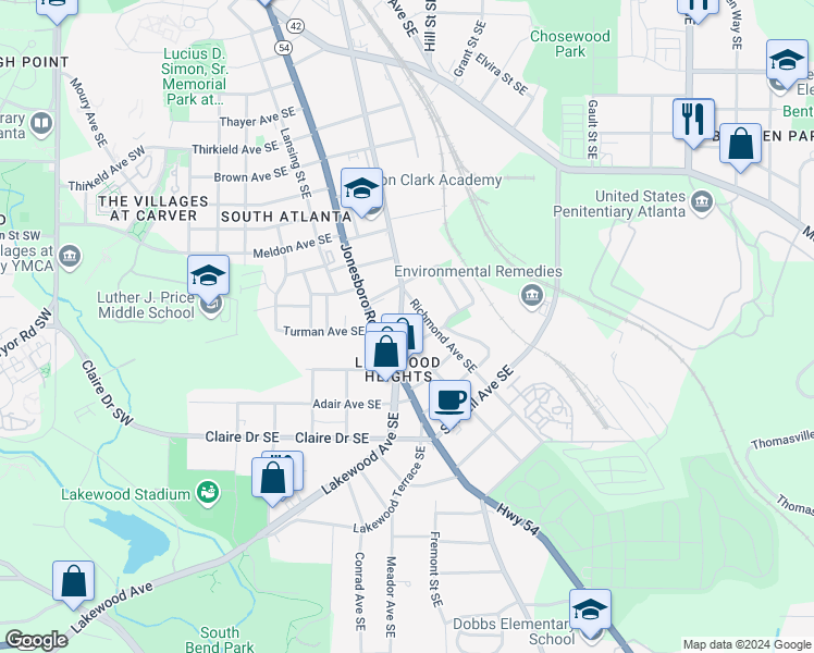 map of restaurants, bars, coffee shops, grocery stores, and more near 1670 Lakewood Avenue Southeast in Atlanta