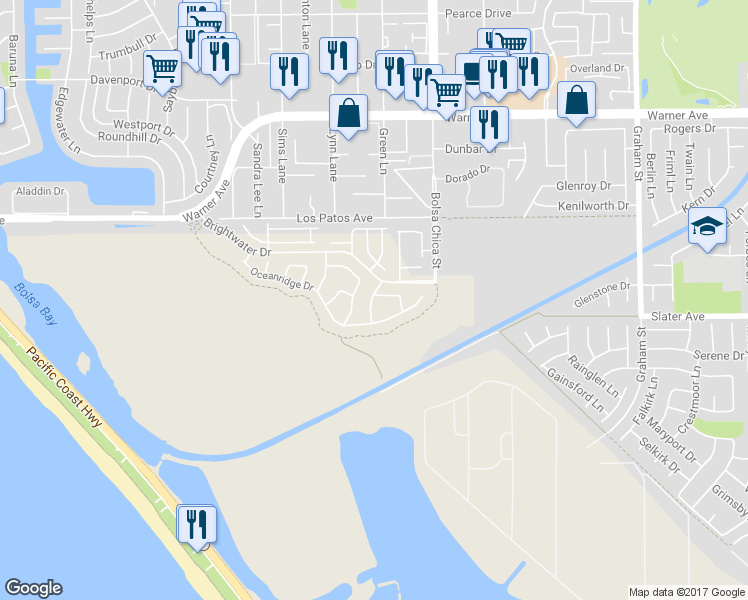 map of restaurants, bars, coffee shops, grocery stores, and more near 17491 Oakbluffs Lane in Huntington Beach