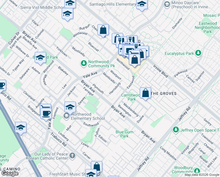 map of restaurants, bars, coffee shops, grocery stores, and more near 4 Harrisburg in Irvine