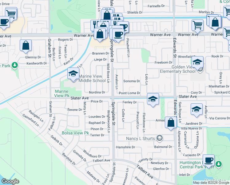 map of restaurants, bars, coffee shops, grocery stores, and more near 6041 Fenley Drive in Huntington Beach