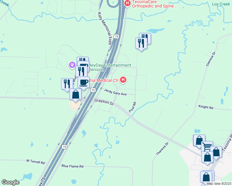 map of restaurants, bars, coffee shops, grocery stores, and more near Texoma Medical Center Drive in Tom Bean