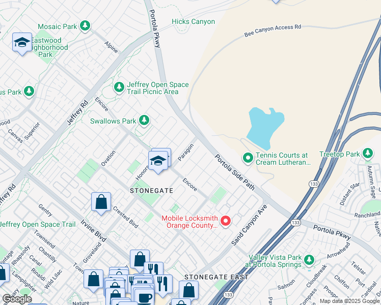 map of restaurants, bars, coffee shops, grocery stores, and more near 57 Interlude in Irvine