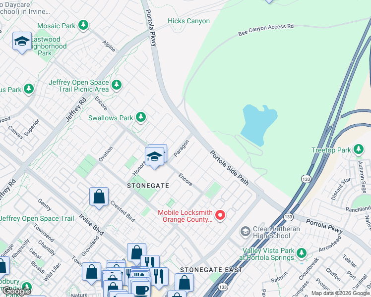 map of restaurants, bars, coffee shops, grocery stores, and more near 57 Interlude in Irvine