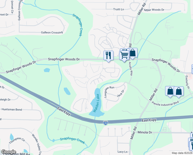 map of restaurants, bars, coffee shops, grocery stores, and more near 2531 Walden Lake Drive in Decatur