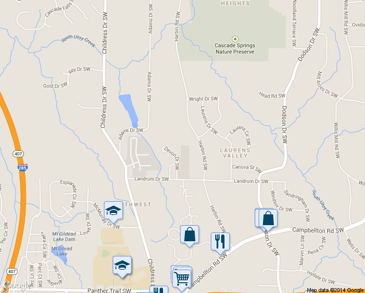 map of restaurants, bars, coffee shops, grocery stores, and more near 1708 Devon Drive Southwest in Atlanta