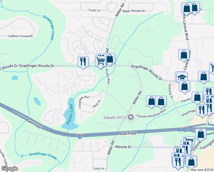 map of restaurants, bars, coffee shops, grocery stores, and more near 4975 Panola Industrial Boulevard in Decatur