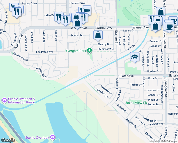 map of restaurants, bars, coffee shops, grocery stores, and more near 5192 Goldenrod Circle in Huntington Beach