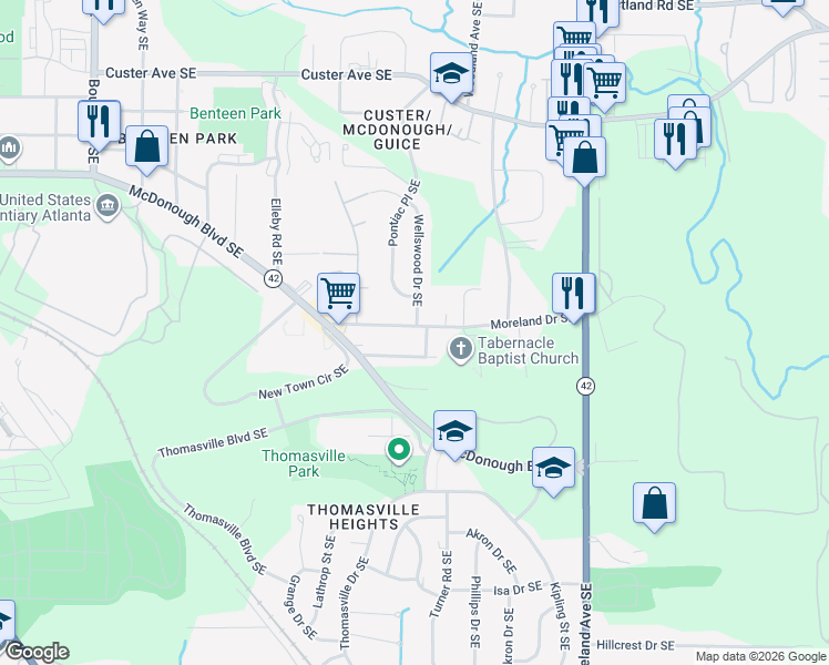 map of restaurants, bars, coffee shops, grocery stores, and more near 1001 Moreland Drive Southeast in Atlanta