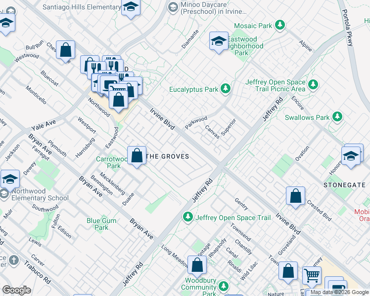 map of restaurants, bars, coffee shops, grocery stores, and more near 5200 Irvine Boulevard in Irvine