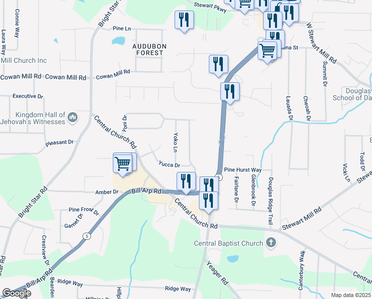 map of restaurants, bars, coffee shops, grocery stores, and more near 3546 York Drive in Douglasville