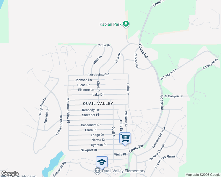 map of restaurants, bars, coffee shops, grocery stores, and more near Elsinore Lane in Menifee