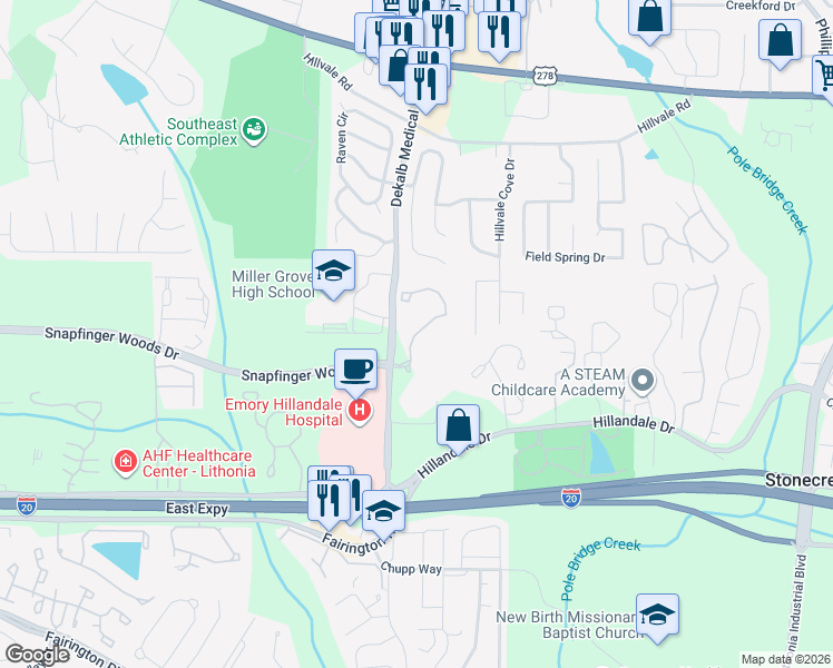map of restaurants, bars, coffee shops, grocery stores, and more near 2650 Dekalb Medical Parkway in Lithonia