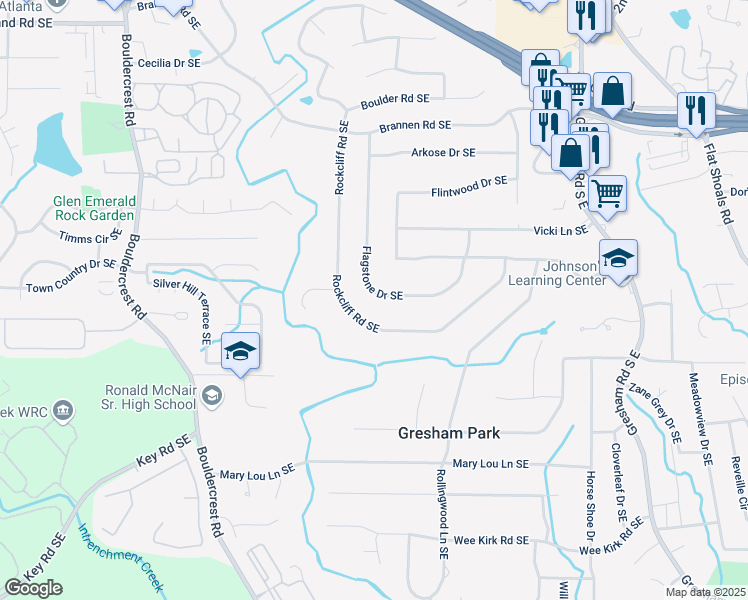 map of restaurants, bars, coffee shops, grocery stores, and more near 2684 Flagstone Drive Southeast in Atlanta