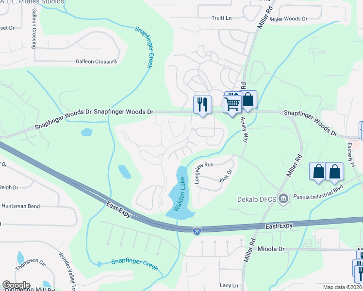 map of restaurants, bars, coffee shops, grocery stores, and more near 102 Creste Drive in Decatur