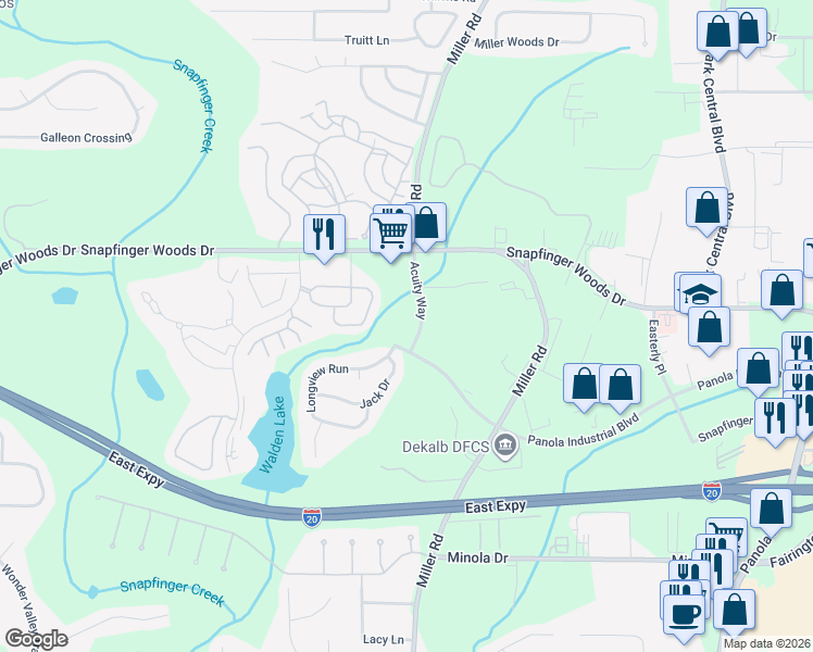map of restaurants, bars, coffee shops, grocery stores, and more near 2620 Shellbark Road in Decatur