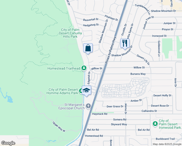 map of restaurants, bars, coffee shops, grocery stores, and more near 72629 Edgehill Drive in Palm Desert