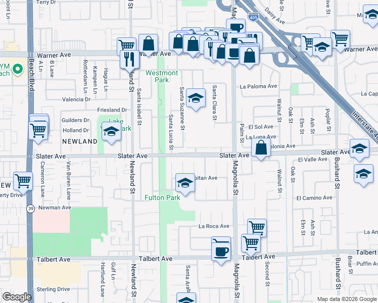 map of restaurants, bars, coffee shops, grocery stores, and more near 8774 La Zana Court in Fountain Valley