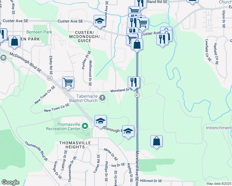 map of restaurants, bars, coffee shops, grocery stores, and more near 1113 Moreland Drive Southeast in Atlanta