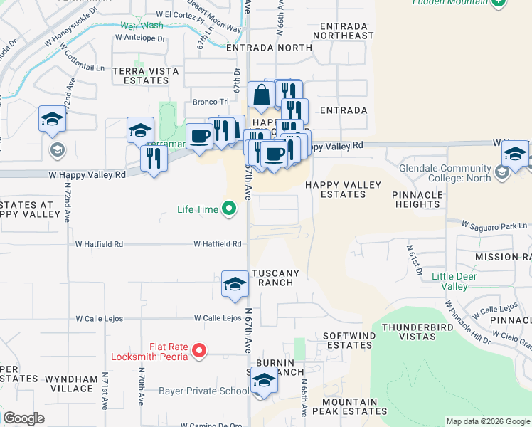map of restaurants, bars, coffee shops, grocery stores, and more near 6601 West West Wind Drive in Glendale