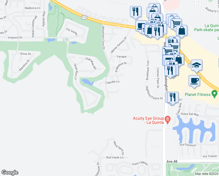 map of restaurants, bars, coffee shops, grocery stores, and more near 46637 Arapahoe in Indian Wells