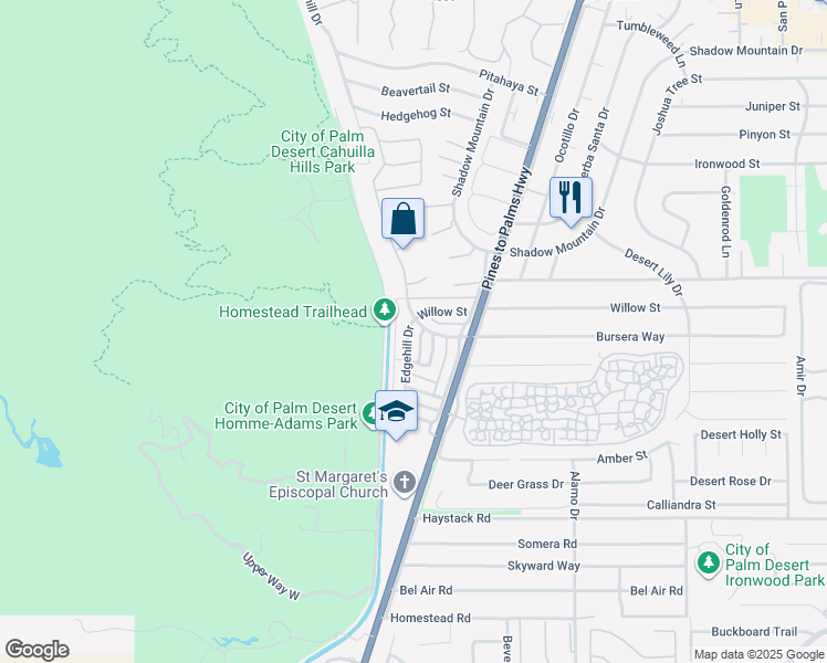 map of restaurants, bars, coffee shops, grocery stores, and more near 72664 Willow Street in Palm Desert