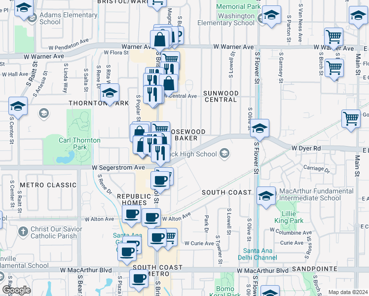map of restaurants, bars, coffee shops, grocery stores, and more near 2710 South Baker Street in Santa Ana