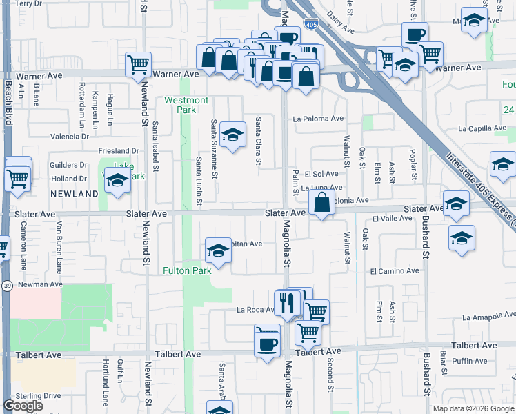 map of restaurants, bars, coffee shops, grocery stores, and more near 8913 La Dona Court in Fountain Valley