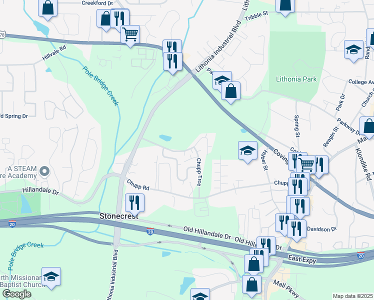 map of restaurants, bars, coffee shops, grocery stores, and more near 7271 Covington Highway in Lithonia