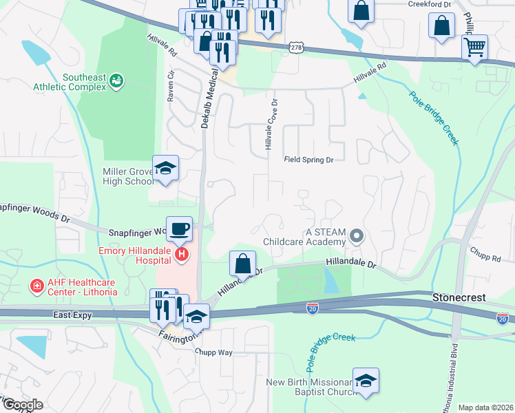 map of restaurants, bars, coffee shops, grocery stores, and more near 5961 Hillvale Trail in Lithonia