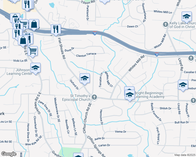 map of restaurants, bars, coffee shops, grocery stores, and more near 2695 Terratim Lane in Decatur