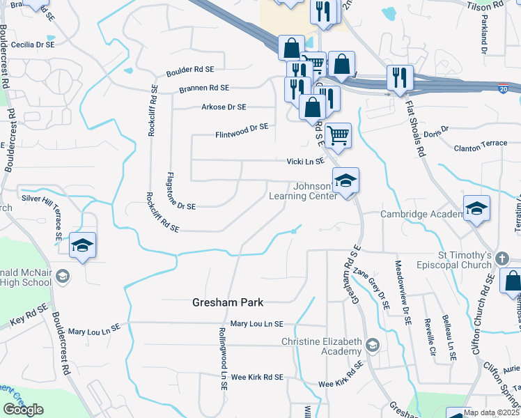 map of restaurants, bars, coffee shops, grocery stores, and more near 2887 Rockcliff Road Southeast in Atlanta