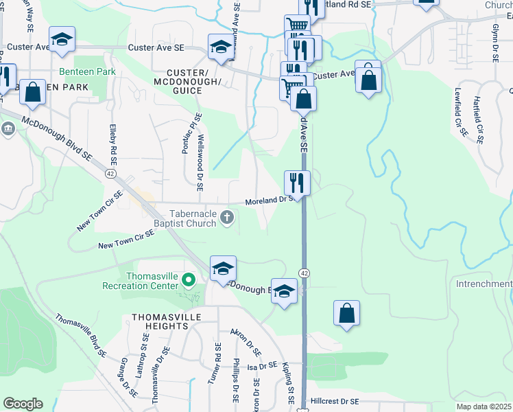 map of restaurants, bars, coffee shops, grocery stores, and more near 1113 Moreland Drive Southeast in Atlanta