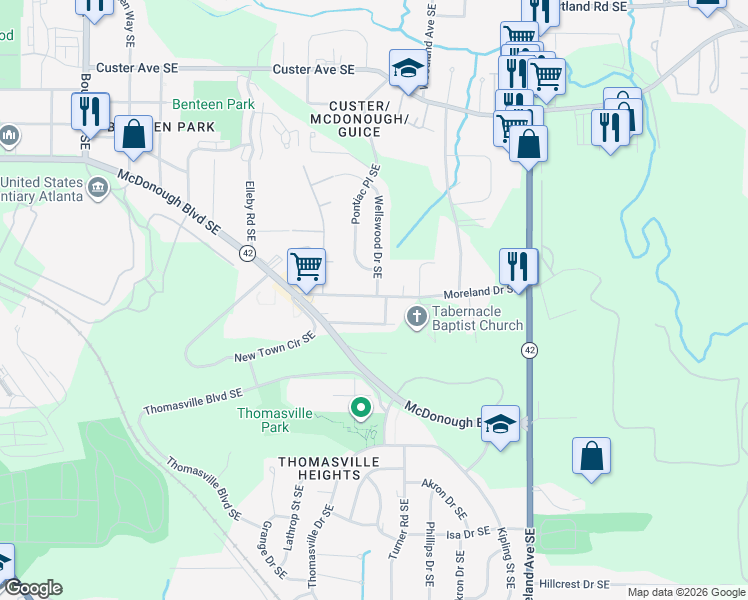map of restaurants, bars, coffee shops, grocery stores, and more near 1001 Moreland Drive Southeast in Atlanta