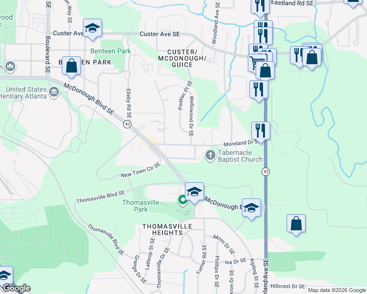 map of restaurants, bars, coffee shops, grocery stores, and more near 987 Moreland Drive Southeast in Atlanta
