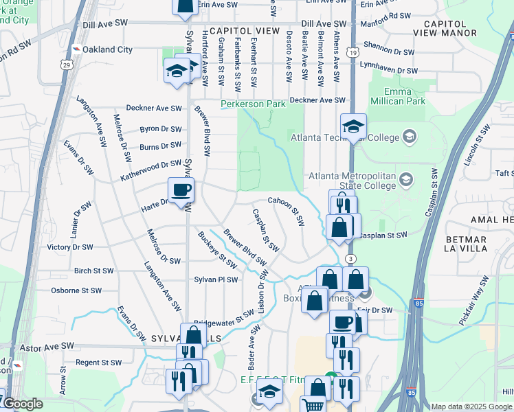 map of restaurants, bars, coffee shops, grocery stores, and more near 1713 Cahoon Street Southwest in Atlanta