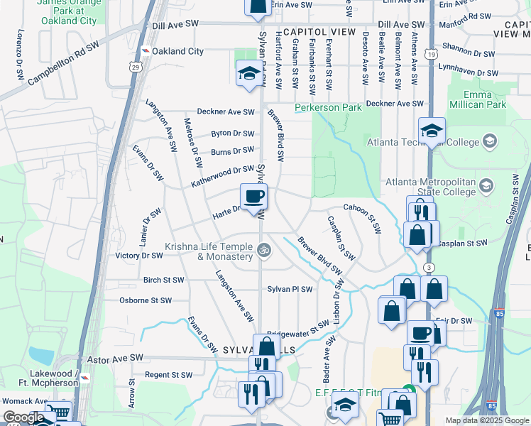 map of restaurants, bars, coffee shops, grocery stores, and more near 1663 Sylvan Road Southwest in Atlanta
