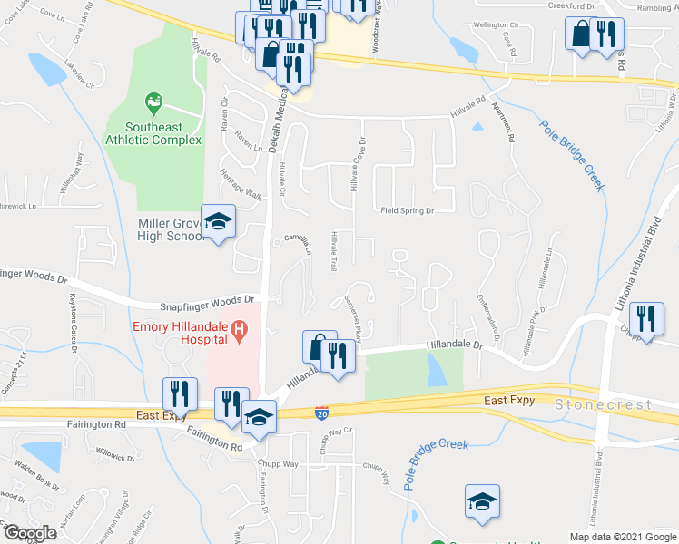 map of restaurants, bars, coffee shops, grocery stores, and more near 5961 Hillvale Trail in Lithonia