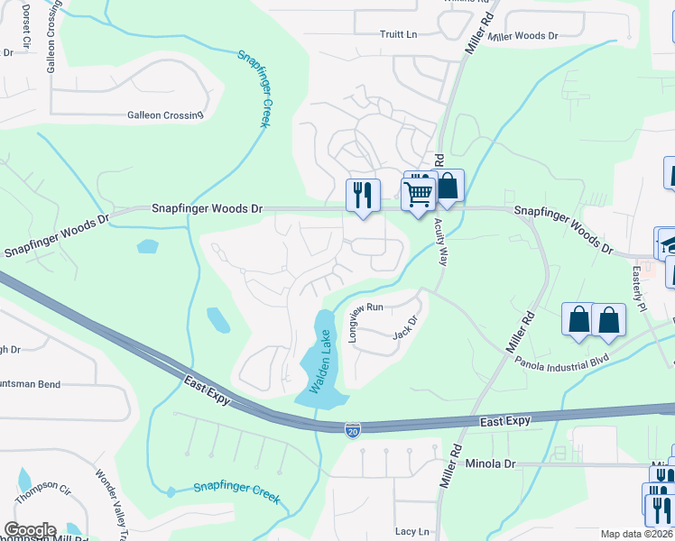 map of restaurants, bars, coffee shops, grocery stores, and more near 2519 Walden Lake Drive in Decatur